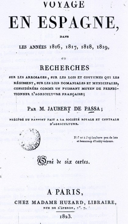 Edición francesa del libro de Jaubert de Passa "Canales y Riegos de Cataluña y Valencia"